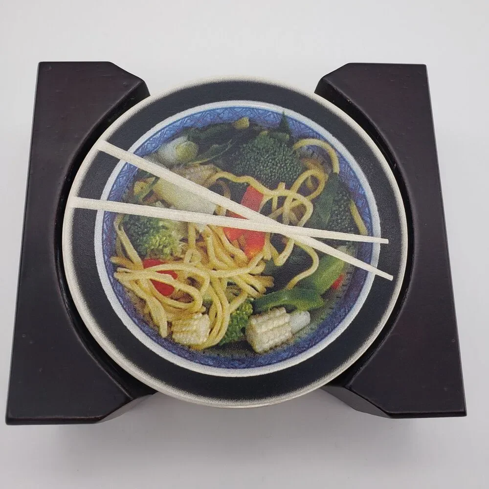 Ceramic Round Coasters Chinese Take Away Set of 4 & Wood Holder Rice Lo Mein Bar